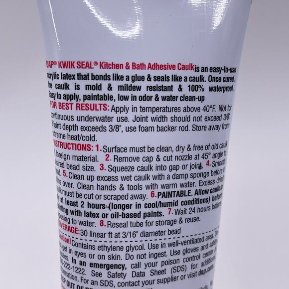 TWO White DAP Waterproof Kwik Seal Adhesive Caulk Low Odor Kitchen Bath Plumbing - Picture 4 of 6